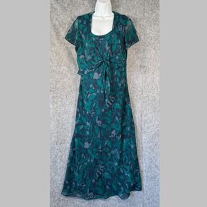 Vintage Floral Maxi‎ Dress Womens 14 Floral 90s Cottagecore Sheer Tie Front Blue